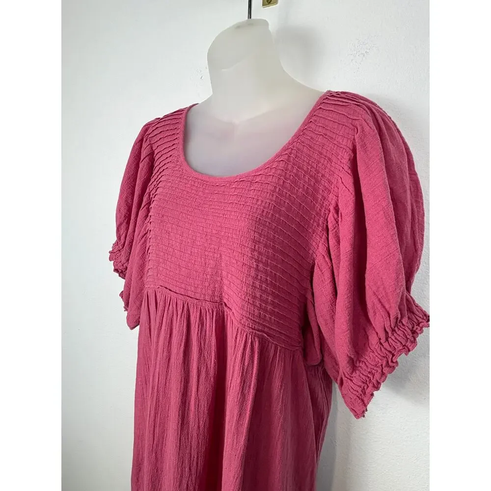 Free People ELSIE TUNIC Puff Sleeve Cotton Linen Blend Babydoll Top Pink M $98